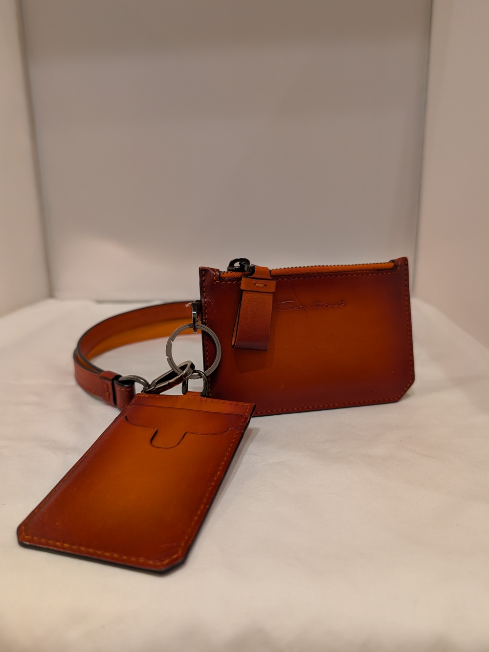 Santoni Leather Cardholder and Zip Pouch with Lanyard